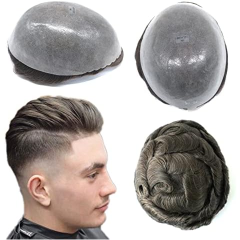 HAIR NATURE Mens Hairpieces, Human Hair Toupee for Men, Hair Replacement System, Poly Skin 0.12mm Knotted #7 Cover
