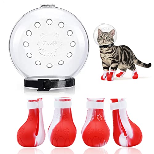 Cat Muzzle for Grooming with Cat Paw Covers, Adjustable Kitten Breathable Anti Bite Muzzles Helmet & Anti Scratch Boots Silicone Cat Shoes for Cats Bathing Shaving