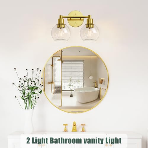 Image of 2 Light Bathroom Light Fixtures, Brushed Brass Bathroom Vanity Lights, Modern Vanity Lights 2-Light Globe Bathroom Vanity Lighting Fixture Over Mirror