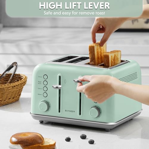 Image of BUYDEEM DT640 Retro 4 Slice Toaster, 7 Shade Settings, Extra Wide 1.5'' Slots, Stainless Steel Toaster with Bagel Muffin Defrost Reheat Function, Green