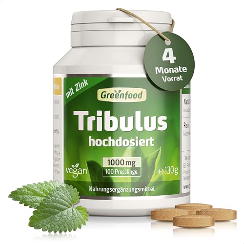 Tribulus Terrestris, hochdosiert, 1000mg - 100 Tabletten, vegan. Tribulus plus Zink - fördert die körpereigene Testosteron-Produktion. OHNE künstliche Zusätze - laborgeprüft. Von Greenfood.