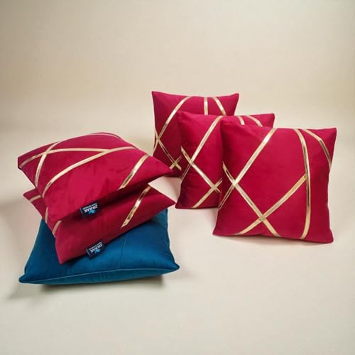 Image of Zikrak Besur Gold Stripe On Velvet|Pack of 5 Cushion Cover|for Home Decoration|Living Room Decor|Hotel Premeuim Quality Cushion Cover|Exclusive ON Amazon (Maroon, 22 X 22 INCH(55 X 55 CM))