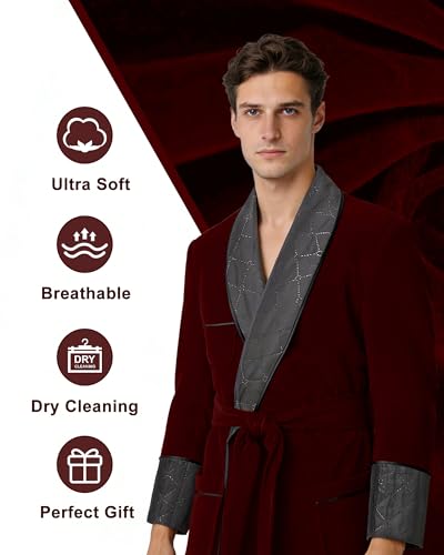 Image of Men's Long Velvet Smoking Jacket Smoking Robe with Belt Shawl Lapel Quilted Dressing Gown