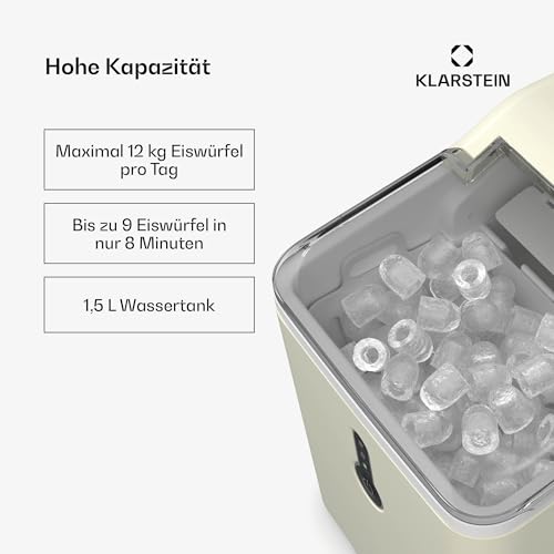 Klarstein Eiswürfelmaschine Klein - 12 kg/24 h, 8 Min Zyklus, 1,5 L Wassertank, LED-Anzeigen, Tragbar, Transparenter Deckel, Inkl. Schaufel - Eiswürfelbereiter für Partys – Bild 3