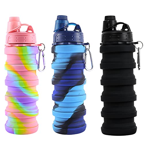 Makersland 3 Pack Of Collapsible Sports Water Bottles For Kids, Adults, Students, Reusable Silicone Foldable Water Bottles For Travel Camping Hiking, Pink, Blue And Black #TOP9