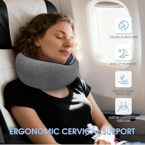 Neck Travel Pillows for Airplanes Memory Foam Neck Comfort Pillow Compact Ergonomic Design Sleeping Essentials for Long Flights Car Rides and Home Use (Grey) - Image 4