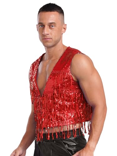 Jugaoge Mens Shiny Sequin Vest V-Neck Party Sleeveless Fringe Open Front Suit Waistcoat Jacket Tops3