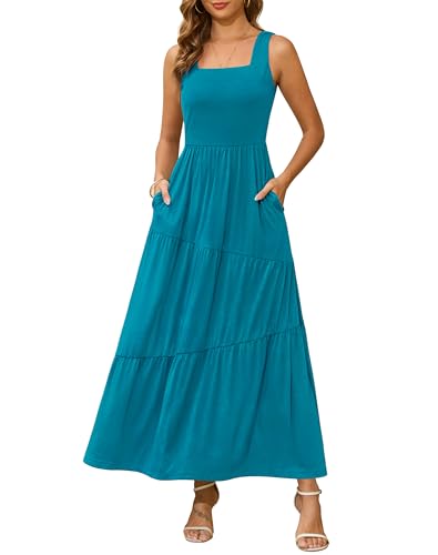 Kranda Women Summer Dresses Square Neck Tiered Tank Dress Maxi Swing Sundress with Pockets Teal Green, XL