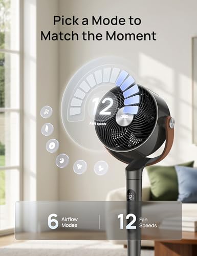 Image of DREO Smart Fan for Bedroom with RGB LED, 150+120 Omni-directional Oscillating, Quiet 20dB Fan, 100ft Air Circulator Pedestal Fan with DC Motor, 12 Speeds, 6 Modes, 37-42 inch Height, Wi-Fi /Voice /Alexa