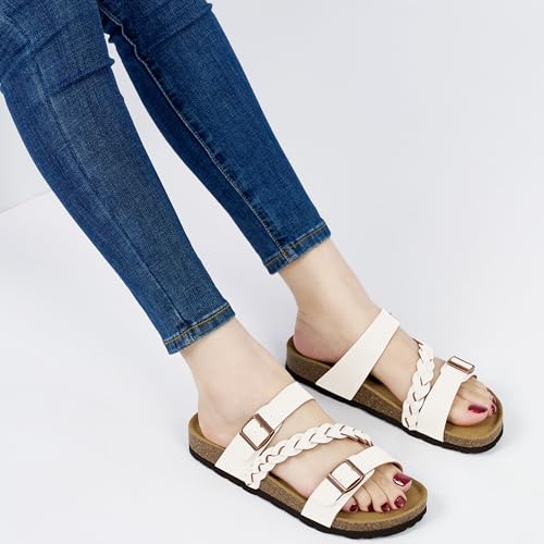 Image of HARENCE Flat Sandals for Women 2026 Comfort Cork Footbed with Adjustable Buckle Summer Slides for Women for Vacation Walking