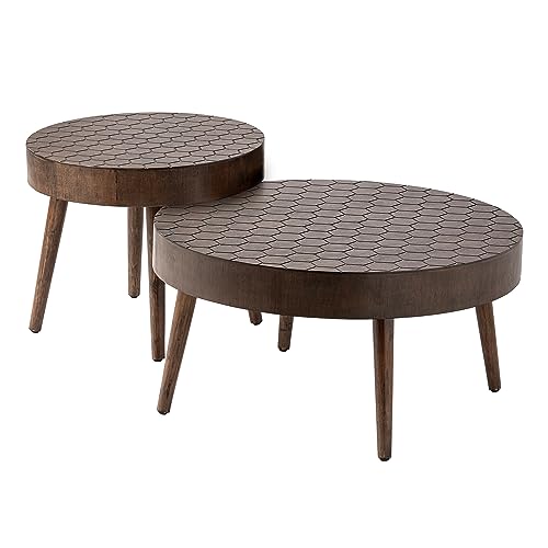Cosiest Farmhouse Round Coffee Table Set, End Table Set Of 2, Modern Nesting Table With Honeycomb Pattern, Wood Cocktail Table For Living Room, Brown #TOP7