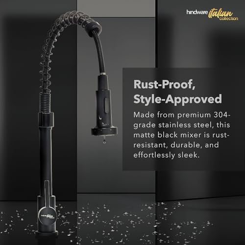 Image of Hindware Italian Collection 2-Function Pull Out Kitchen Sink Mixer for Kitchen with Spring Feature | Made of 304-grade Stainless Steel | Elegant Matte Black Finish | 5-Year Manufacturer Warranty