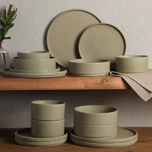 Image of Gibson Elite Tatum Premium Porcelain Matte Reactive Glaze 16-Piece (Service for 4) Plates and Bolws Stackable Dishes Ceramic Dinnerware - Green