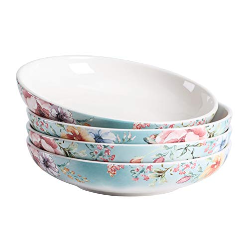 Bico Margret's Garden Ceramic 1035ml Dinner Bowls, Set of 4, for Pasta Salad, Cereal, Soup & Microwave & Dishwasher Safe
