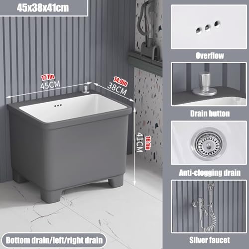 Commercial Ceramic Mop Sink with Faucet, Utility Service Basin for Laundry & Bathroom - Durable 45x38x41cm (17.7x14.9x16.1in) with Button Drainage.