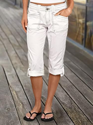 Flamingals Bermuda Shorts for Women Mid Rise Roll Hem Cargo Capris Summer Casual with Flap Pocket2