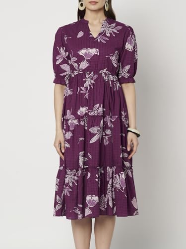 Image of PIDAVLIYA'S Women's Floral Summer Maxi Dress I Cotton Printed I One Piece Bodycon Midi Dress with V-Neck, Puffed Sleeves