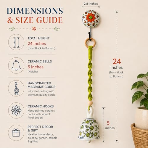 Image of Kaameri Bazaar Multicolor Handmade Macrame Hanging Ornament | Boho Home Office Decoration Ceramic Ringing Bells with Hooks | Set of 5