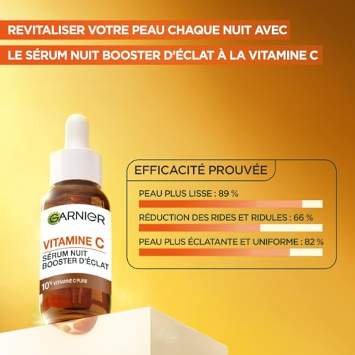 GARNIER Skin Active - Sérum Nuit Booster d’Éclat - Efficace Sur Taches Brunes & Rides - Illumine Le Teint - Vitamine C Pure, Acide Hyaluronique - Vegan & Cruelty Free - Tous Types de Peaux - 30 ml