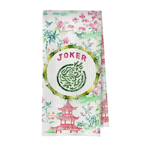 XIVENHAVM Mahjong Chinoiserie Joker Towel - Pink and Green Mahjong Chinoiserie Joker Decorative Waffle Dish Towels, Gifts for Women Hand Towel, Tea Towel for Kitchen, 16x24 Inch