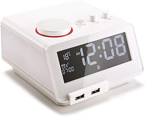 Homtime Alarm Clock USB Charger - Senior Multi-Function - Digital FM Radio Snooze Function Bluetooth Hands-Free Calling Wireless Dual USB Charger White Designed for Bedroom Office