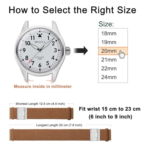 WOCCI 22mm Braided Nylon Watch Band for Men and Women, Quick Release, Silver Stainless Steel Buckle (Brown)