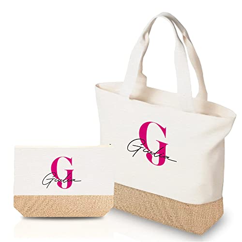 Generico Combo Borsa e Pochette Donna Coordinate da Mare Piscina Idea Regalo Personalizzata con Nome e Iniziale Idea Regalo Estate Vacanze Porta Trucchi Oggetti Astuccio Chiusura Zip Multiuso Viaggio