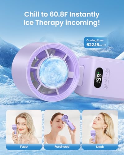 Image of 2 Pack Handheld Portable Turbo Fan with Ice Cooler, Speed (1-199) 5500mAh*2 Rechargeable Personal Fan,[20H Cooling Time] Mini Yet Powerful, Small Pocket Fans for Travel /Outdoor /Office, Purple