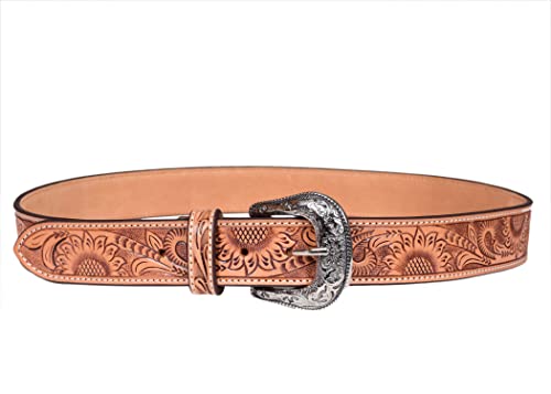 Tooled Genuine Leather Sunflower Design Western Belt With Removeable Buckle 30WE0012