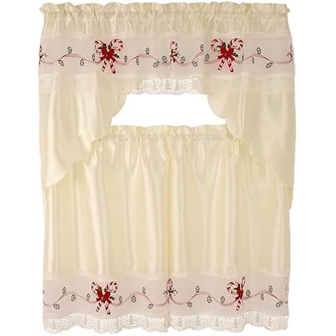 VENICE COLLECTIONS 3-Piece Decorative Christmas Holiday Design Embroidered Candy Cane Macrame Kitchen Curtain Set Xmas Style Cover