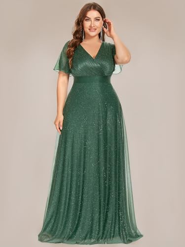 Image of Ever-Pretty Plus Women's Glitter Formal Dress Evening Gown for Gala V-Neck Short Sleeve Floor Length Plus Size Prom Dresses