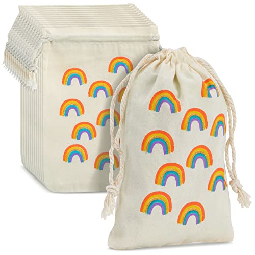 Juvale Rainbow Canvas Bags - 4 x 6 In, Pack of 12 - Mini Canvas Drawstring Bags for Kids & Party Favors - Rainbow Design