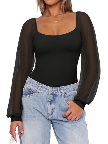 REORIA Women's 2025 Fall Casual Mesh Long Sleeve Square Neck Tops Trendy Cute Dressy Slim Fit Going Out T-Shirts