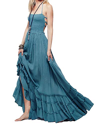 R.yiposha Women's Sleeveless Halter Beach Dresses Strappy Backless Bohemian Maxi Long Dress,8-10,Lake Blue #TOP1