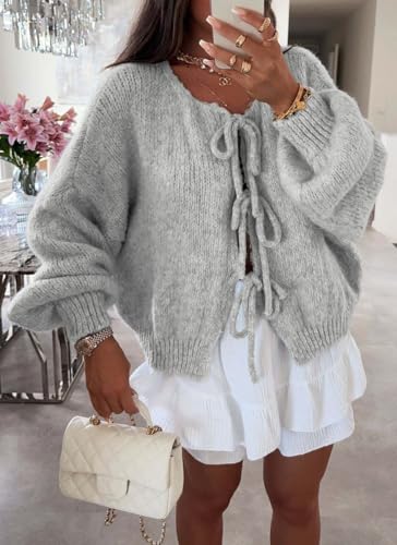 chouyatou Women's Cute Bow Knot Cardigan Fall Casual Oversized Ribbed Knit Sweater Cardigan Tops2