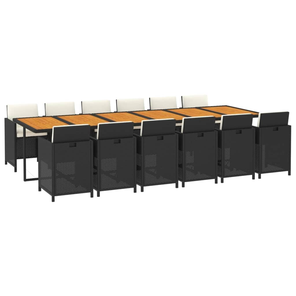 Conjunto de comedor de jardín con cojines de polirratán negro de 13 piezas para jardín, terraza, balcón, modelo sin reposapiés, 95626