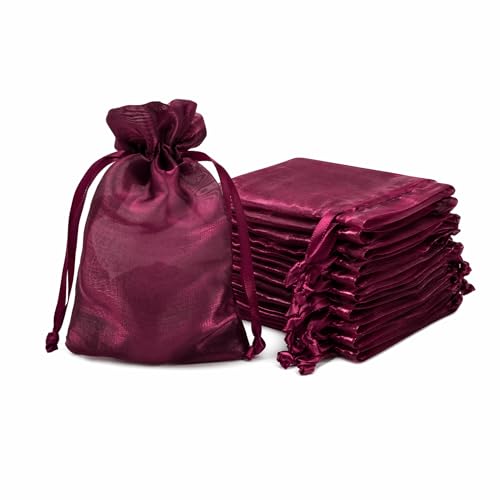 Image of QIANF 20 Pcs Burgundy Small Organza Bags 4X6 inch for Wedding Favors with Drawstring, Mini Mesh Gift Bags Jewelry Pouch for Candy Bridal Shower Party Favor Baby Shower Christmas