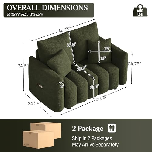 Image of OUYESSIR 56 inch Modern Sofa Couch, Comfy Deep Seat Teddy Cloud Sofa, Upholstered 2-Seater Boucle Couch, Oversized Loveseat for Living Room, Bedroom, Office, Apartment, Green