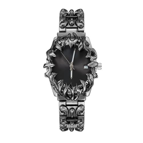 PINTIME Montre pour homme style flamme gothique – Montre bracelet en acier inoxydable noir gravé, montre à quartz analogique étanche avec affichage de la...
