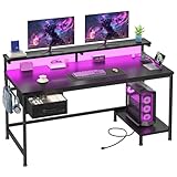 DurayLoly 47.2' Gaming Desk with Power Outlet and LED Lights,Computer Desk with Adjustable Monitor Stand and Drawer,Office Desk with CPU Stand for Home Work,Study and Gaming, Small Spaces,Black