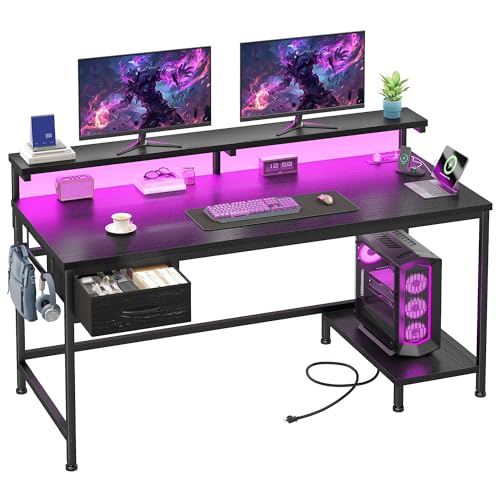 DurayLoly 47.2' Gaming Desk with Power Outlet and LED Lights,Computer Desk with Adjustable Monitor...