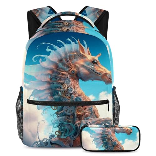 Sac à dos vintage hippocampe large avec trousse d'école pour étudiants