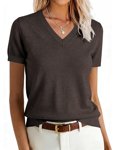 Image of ANRABESS Women Wool Blend Sweater Summer 2026 Short Sleeve V Neck Pullover Top Business Casual Outfit Beach Vacation Clothes