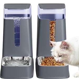 Automatic Cat Feeder and Cat Water Dispenser Set with Stainless Steel Bowls Gravity Dog Feeder for Small Medium Big Dog Pets Puppy Kitten, 3.8Lx 2