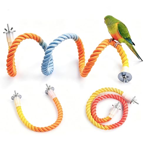 KVEXLIM Colorful Flexible Bird Rope Perch for Small & Medium Parrots - Bendable Cotton Rope Parrot Perch Set 3-Size Perches for Cage Parakeet Cockatiel Lovebird Bird Accessories