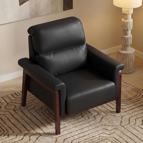 Image of STHOUYN Oversized Leather Accent Chair, Mid Century Modern Office Arm Chair with Solid Wood Legs & High Backrest, Comfy Upholstered Side Sofa Chair for Living Room, Waiting Room, Bedroom (1, Black)