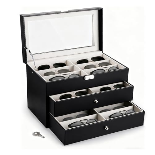 Nicunom Brillenbox 18 Brillen Sonnenbrillen Aufbewahrungsbox aus Leder Brillen Schatulle mit Schloss und Schlüssel Brillenkasten Brillenkoffer Brillenaufbewahrung für Sonnenbrille & Uhren Schwarz