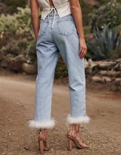 Cropped Jeans for Women Feather Trim Straight Leg High Waist Button Fly Denim Pants4
