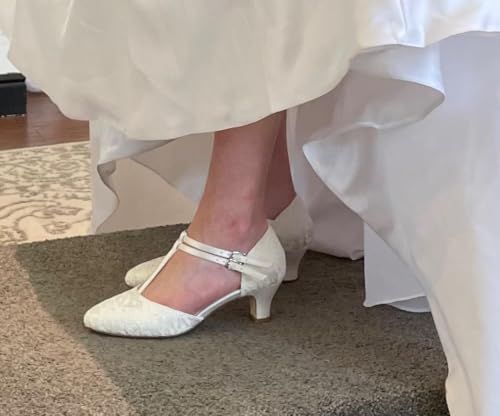 JIAJIA 00968 Women's Bridal Shoes Closed Toe T-Strap 1.9" Block Low Heel Lace Satin Pumps Wedding Shoes2
