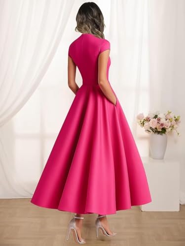 TIRAS Tea Length Mother of The Bride Dress Satin V-Neck Cap Sleeves Formal Evening Dress with Flowers CM4602